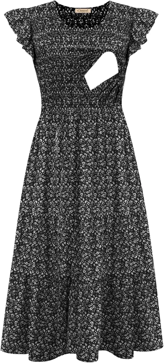 Women's Nursing Dress Flutter Short Sleeve Crew Neck Smocked Elastic Waist Tiered Midi with Pockets