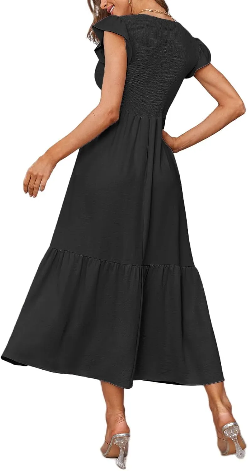 Women's Nursing Dress Flutter Short Sleeve Crew Neck Smocked Elastic Waist Tiered Midi with Pockets