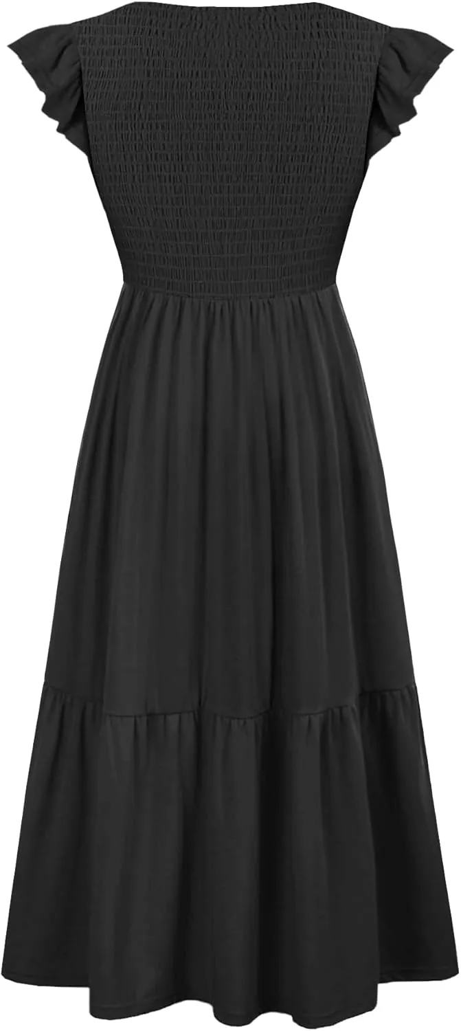 Women's Nursing Dress Flutter Short Sleeve Crew Neck Smocked Elastic Waist Tiered Midi with Pockets