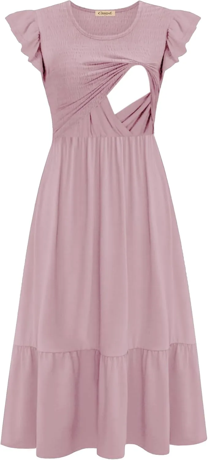 Women's Nursing Dress Flutter Short Sleeve Crew Neck Smocked Elastic Waist Tiered Midi with Pockets