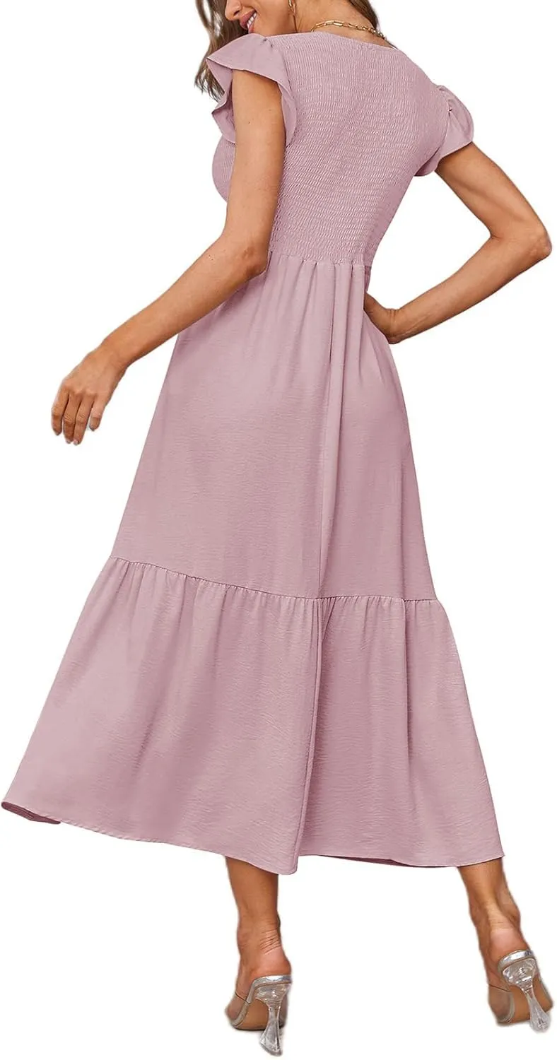 Women's Nursing Dress Flutter Short Sleeve Crew Neck Smocked Elastic Waist Tiered Midi with Pockets
