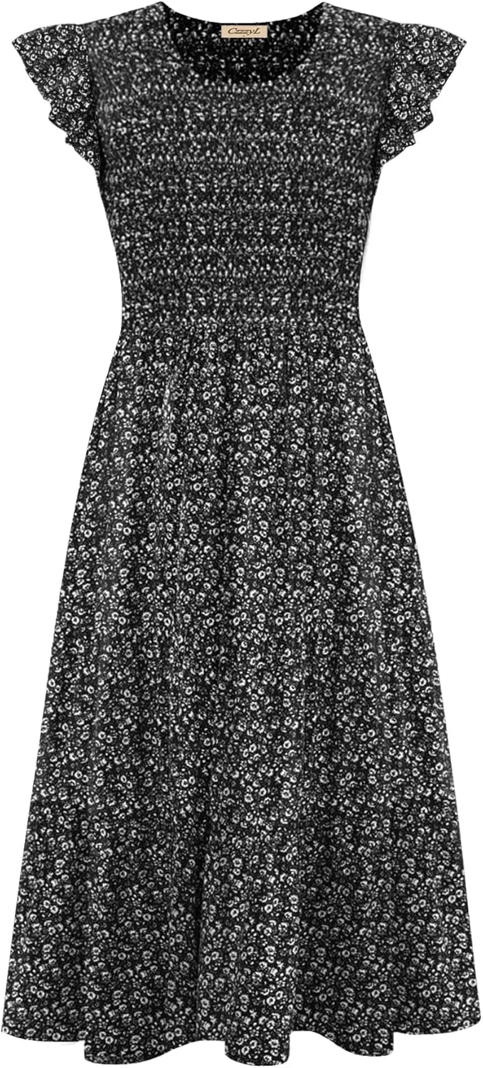Women's Nursing Dress Flutter Short Sleeve Crew Neck Smocked Elastic Waist Tiered Midi with Pockets