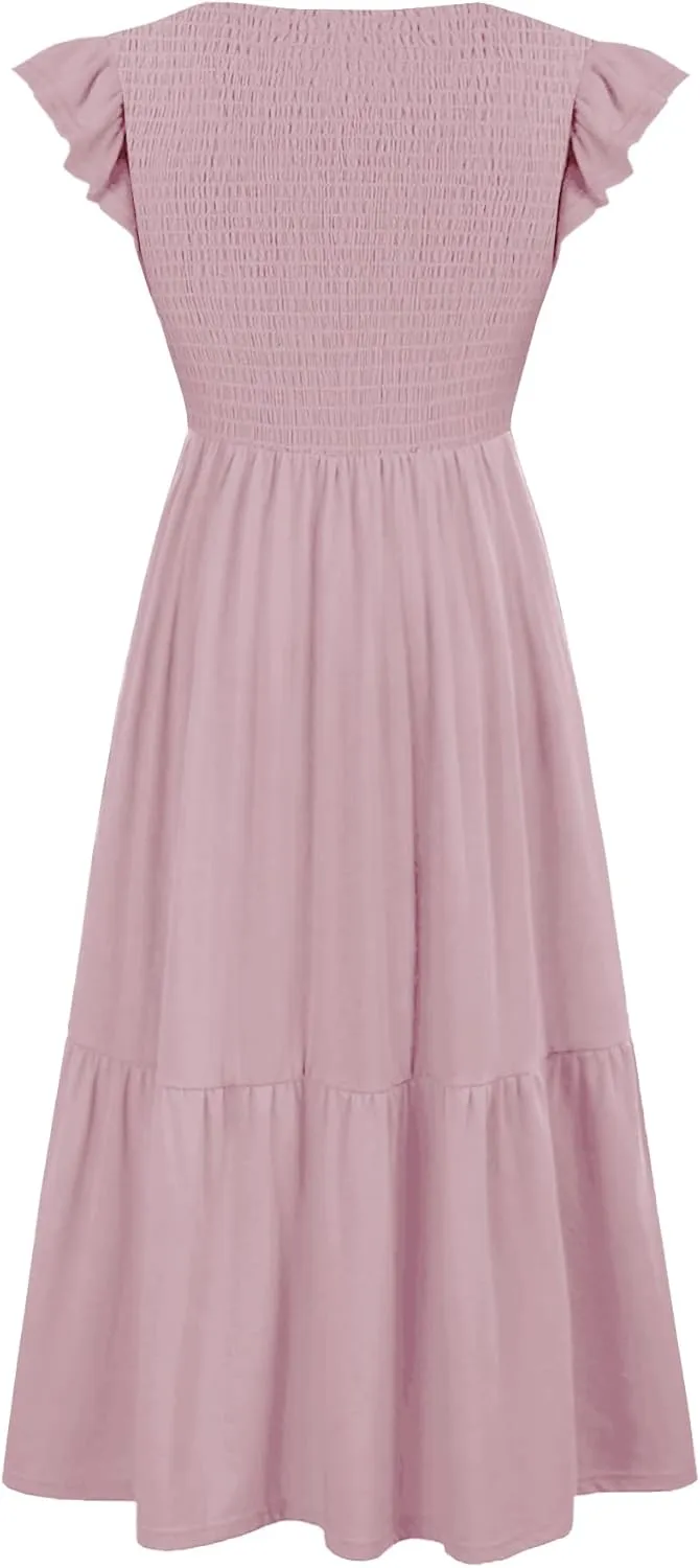 Women's Nursing Dress Flutter Short Sleeve Crew Neck Smocked Elastic Waist Tiered Midi with Pockets