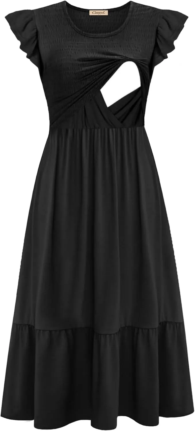 Women's Nursing Dress Flutter Short Sleeve Crew Neck Smocked Elastic Waist Tiered Midi with Pockets
