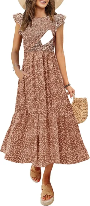 Women's Nursing Dress Flutter Short Sleeve Crew Neck Smocked Elastic Waist Tiered Midi with Pockets