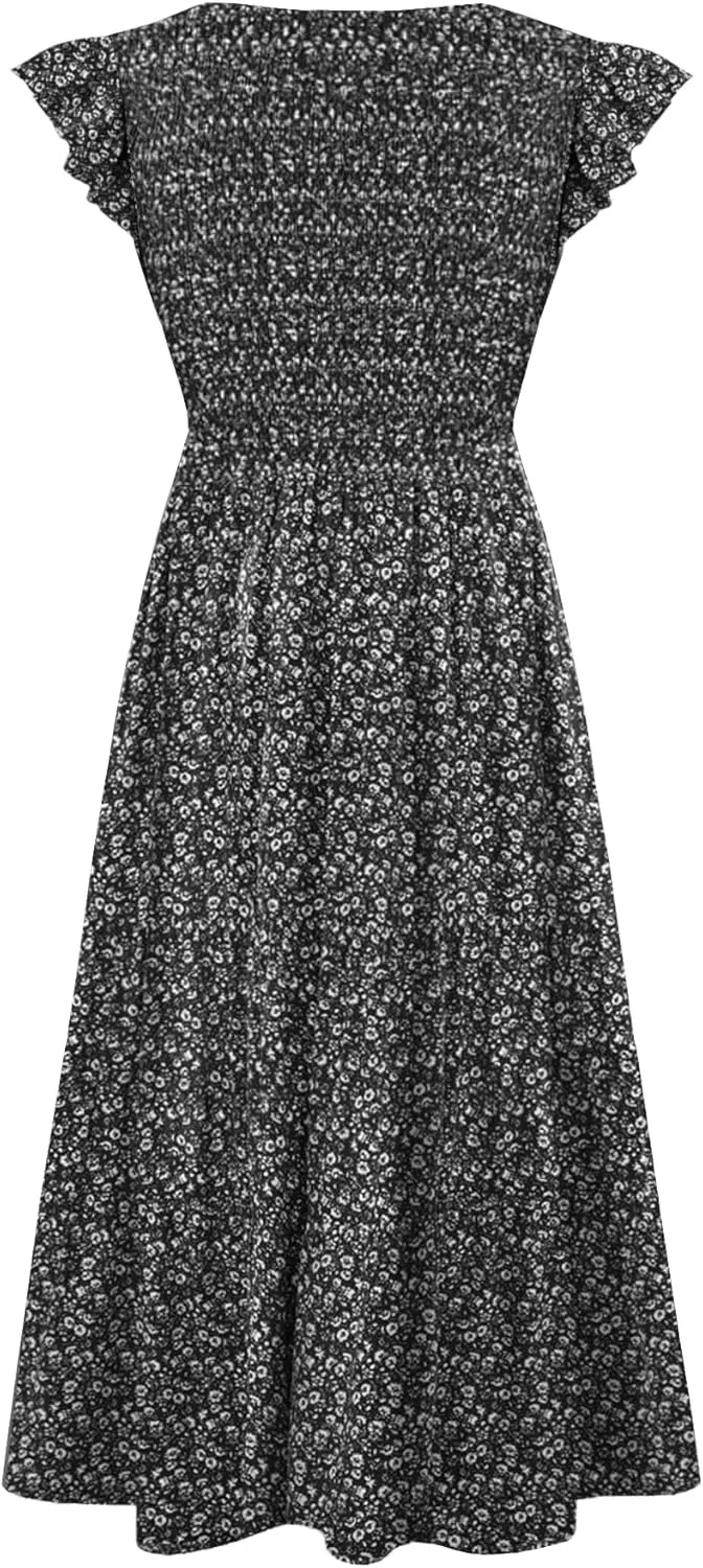 Women's Nursing Dress Flutter Short Sleeve Crew Neck Smocked Elastic Waist Tiered Midi with Pockets