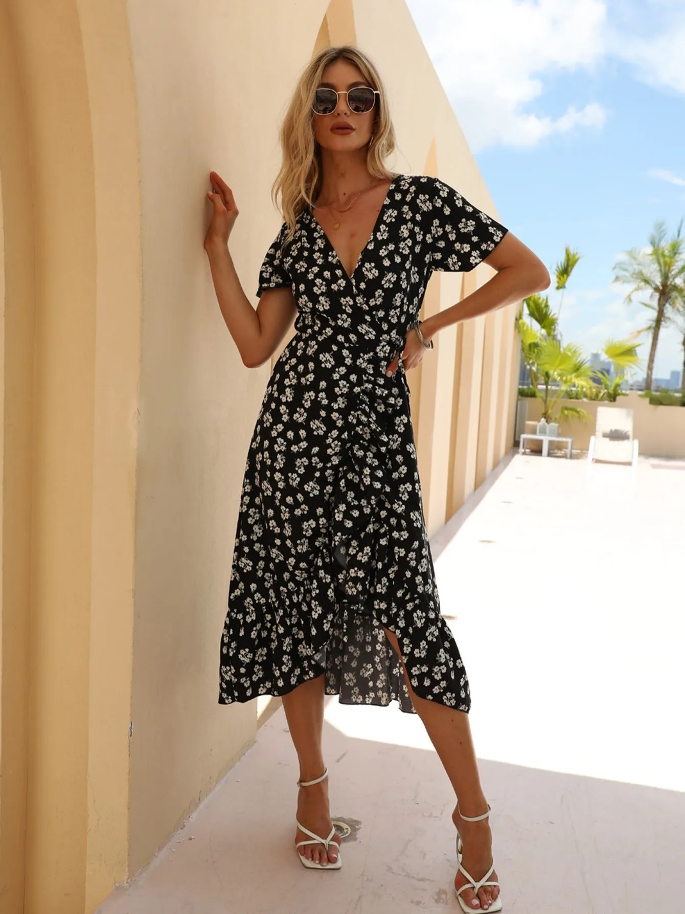 Women's Summer Bohemian Floral Printed Wrap V Neck Beach Party Flowy Ruffle Midi Dress