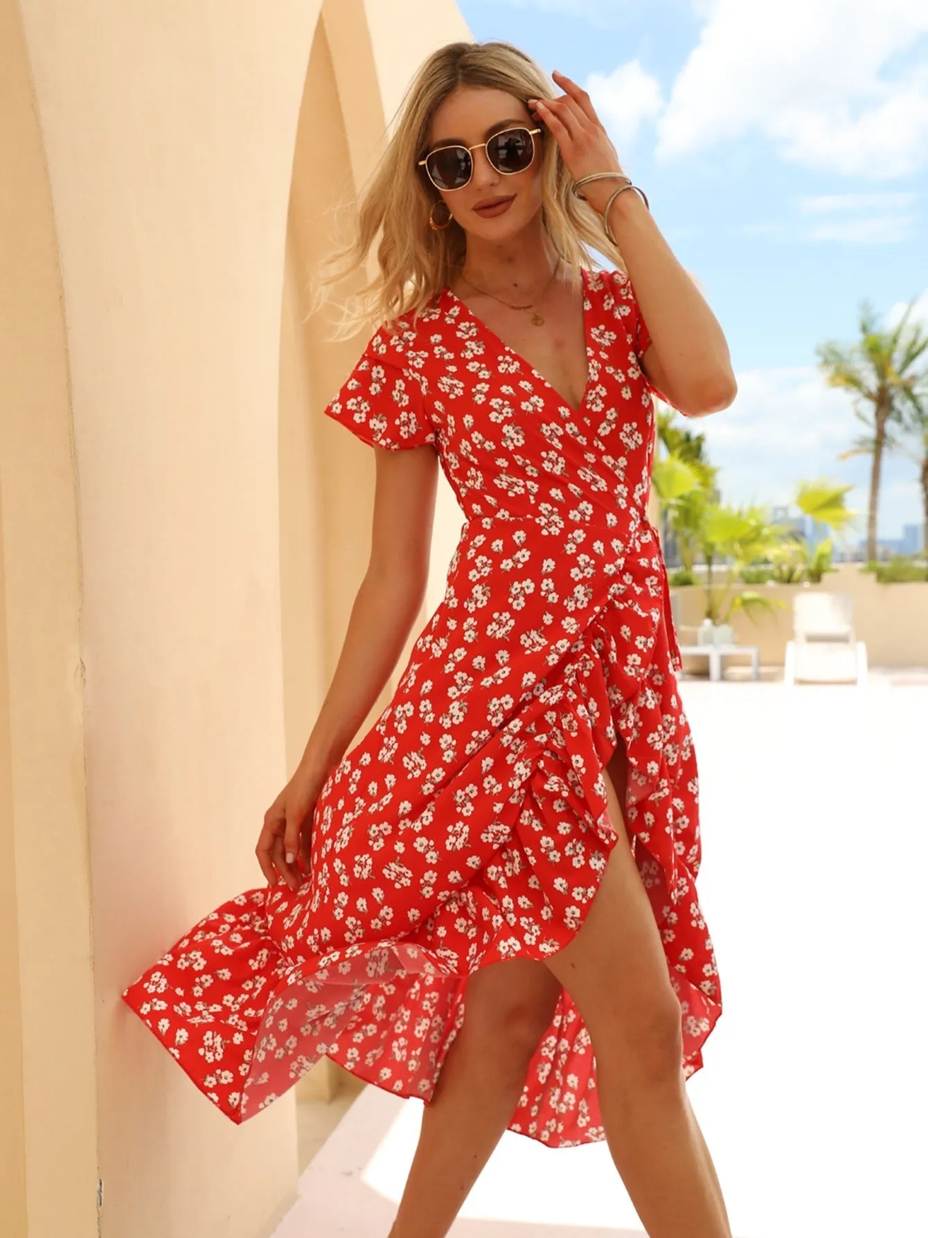 Women's Summer Bohemian Floral Printed Wrap V Neck Beach Party Flowy Ruffle Midi Dress