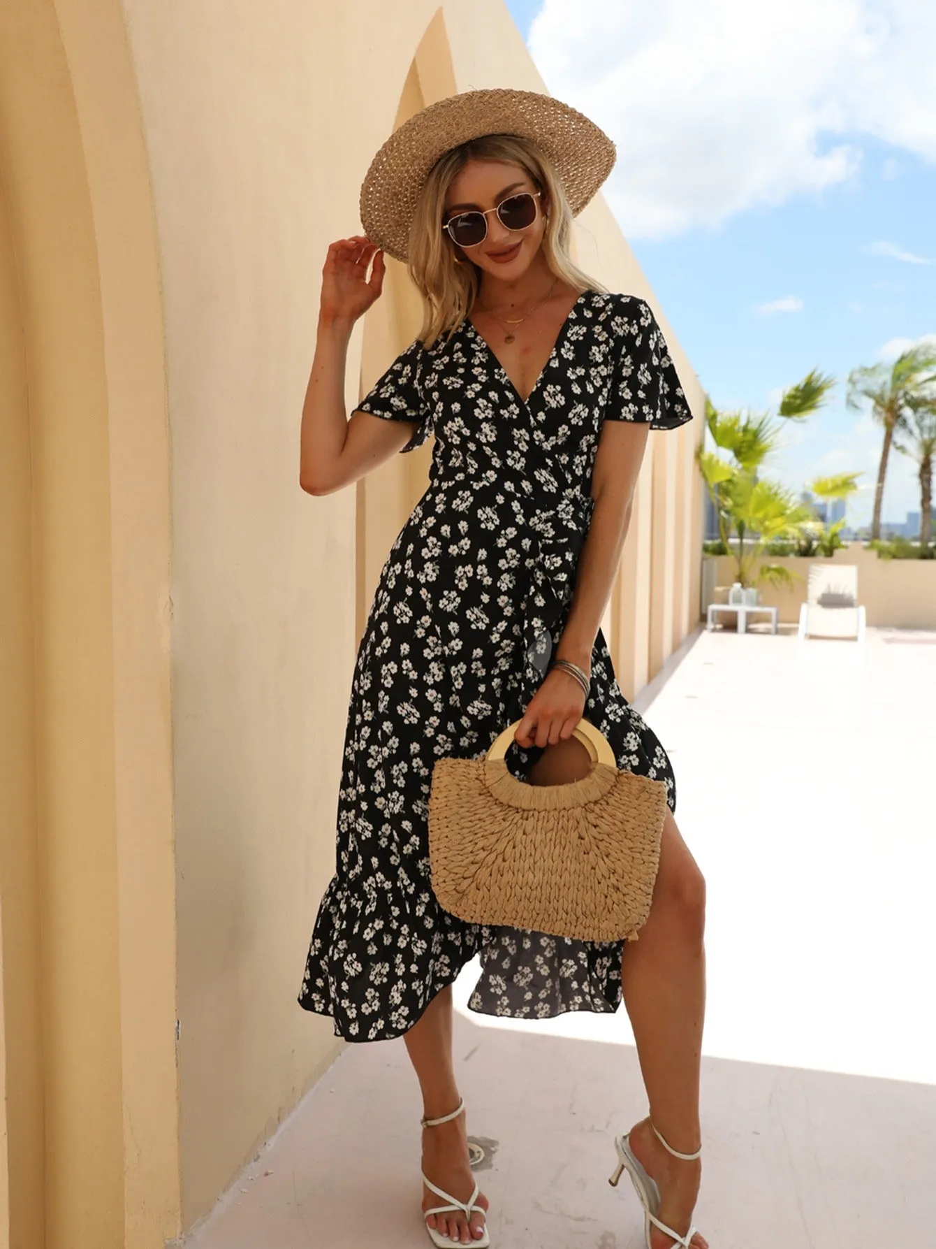 Women's Summer Bohemian Floral Printed Wrap V Neck Beach Party Flowy Ruffle Midi Dress