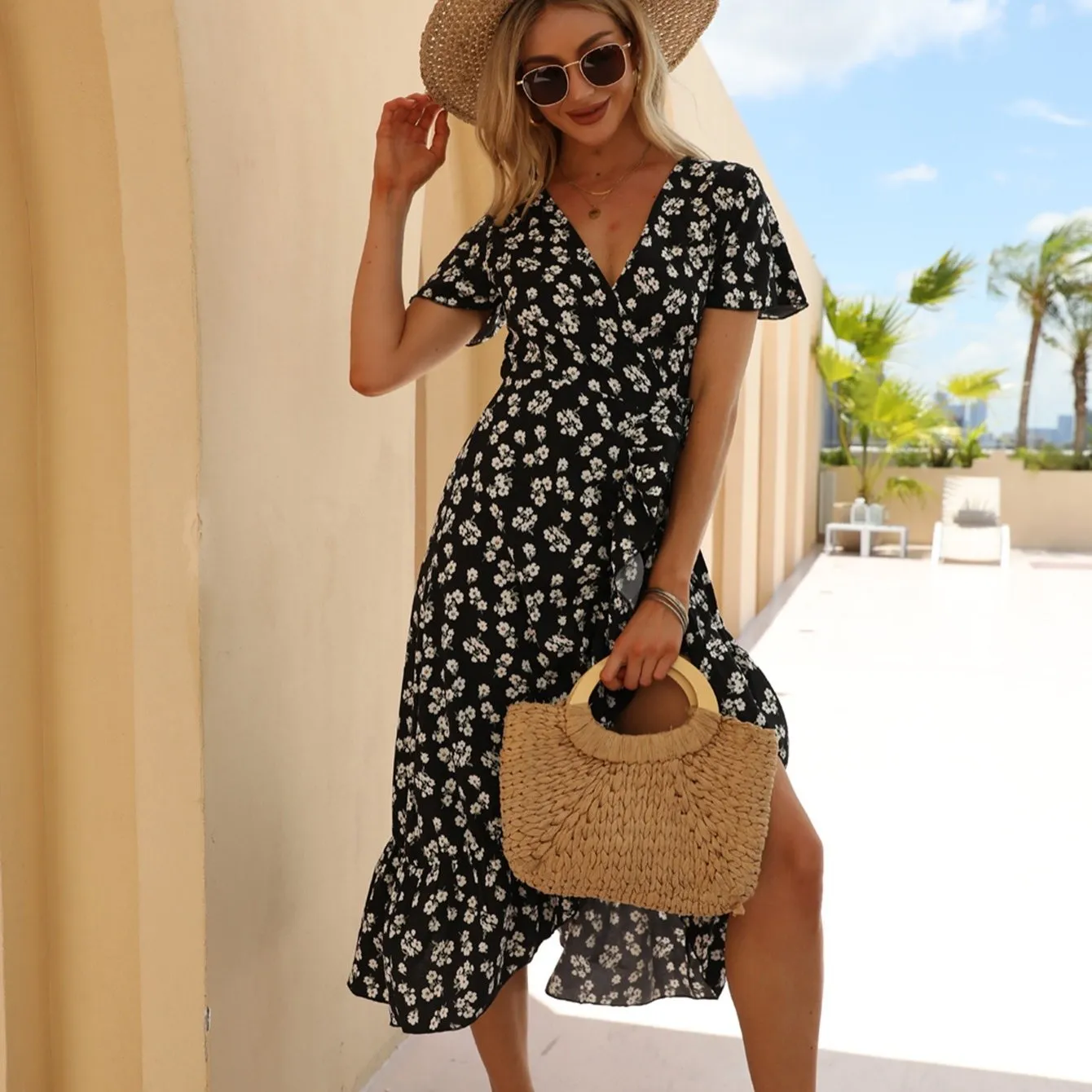 Women's Summer Bohemian Floral Printed Wrap V Neck Beach Party Flowy Ruffle Midi Dress