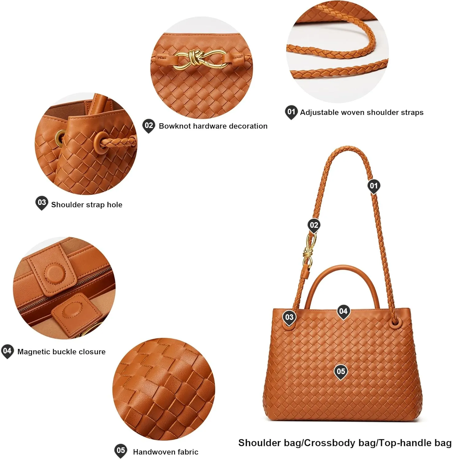 Woven Bag for Women Crossbody Handbag: Vegan Leather Small Tote Purse Trendy Shoulder Handbag Bowknot Satchel Purse