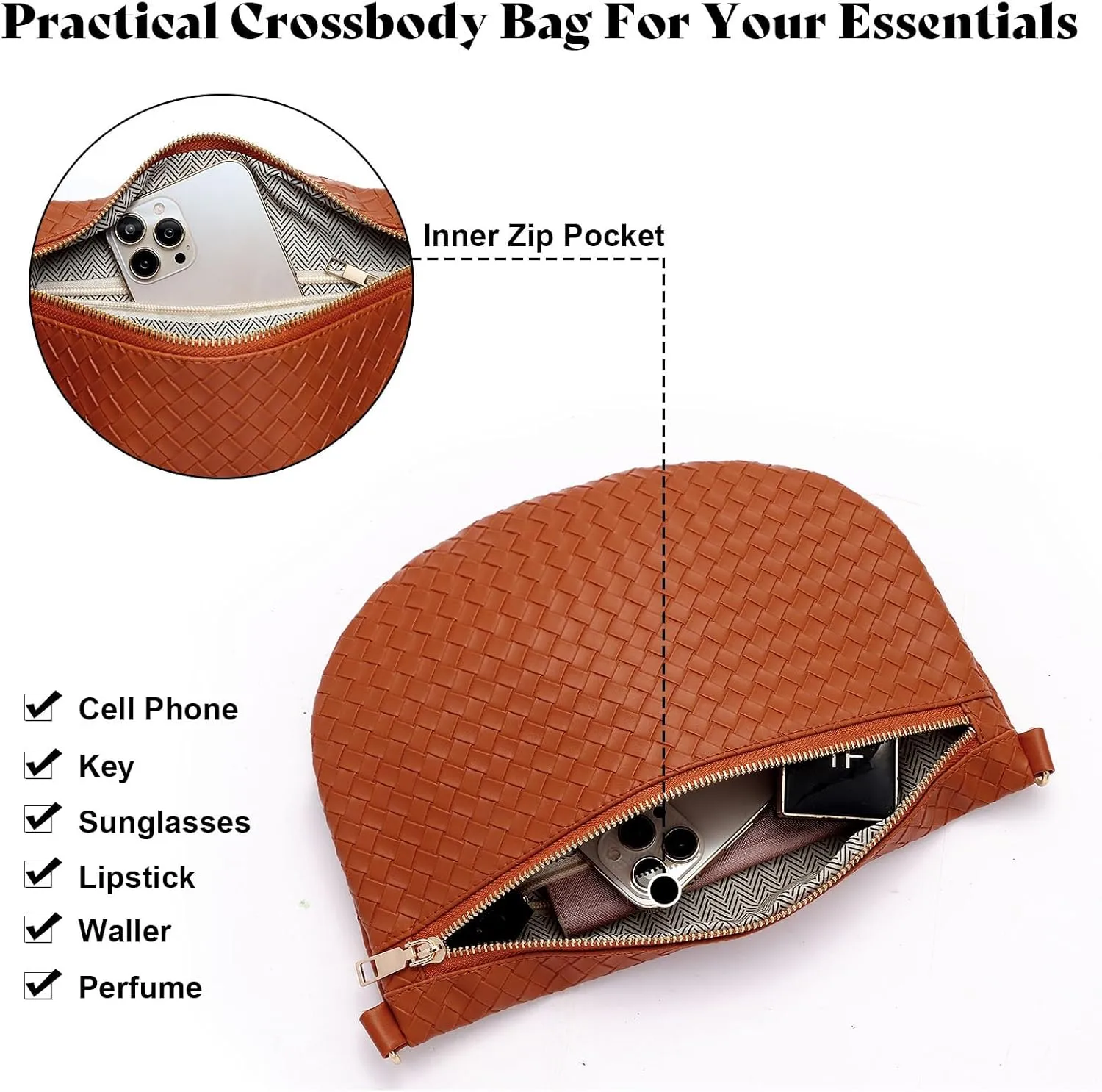 Woven Crossbody Bags for Women Leather Belt Bum Sling Purse Fanny Waist Pack Chest Shoulder Bag for Women-Brown