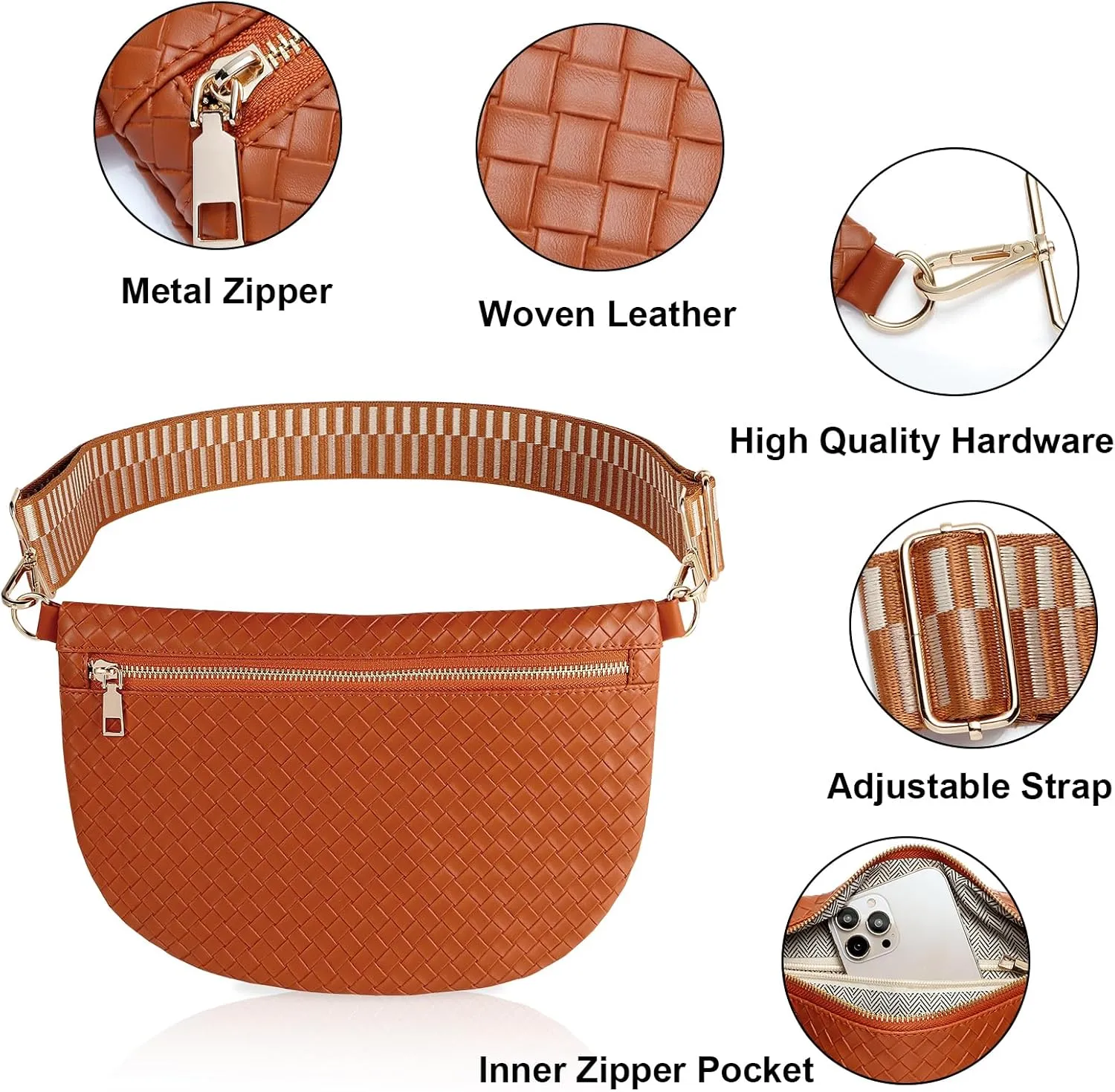 Woven Crossbody Bags for Women Leather Belt Bum Sling Purse Fanny Waist Pack Chest Shoulder Bag for Women-Brown