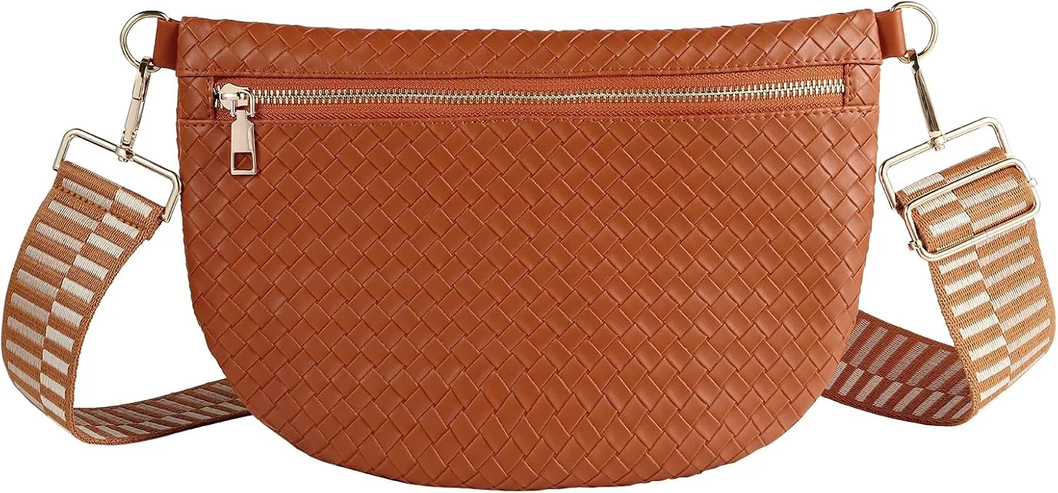 Woven Crossbody Bags for Women Leather Belt Bum Sling Purse Fanny Waist Pack Chest Shoulder Bag for Women-Brown