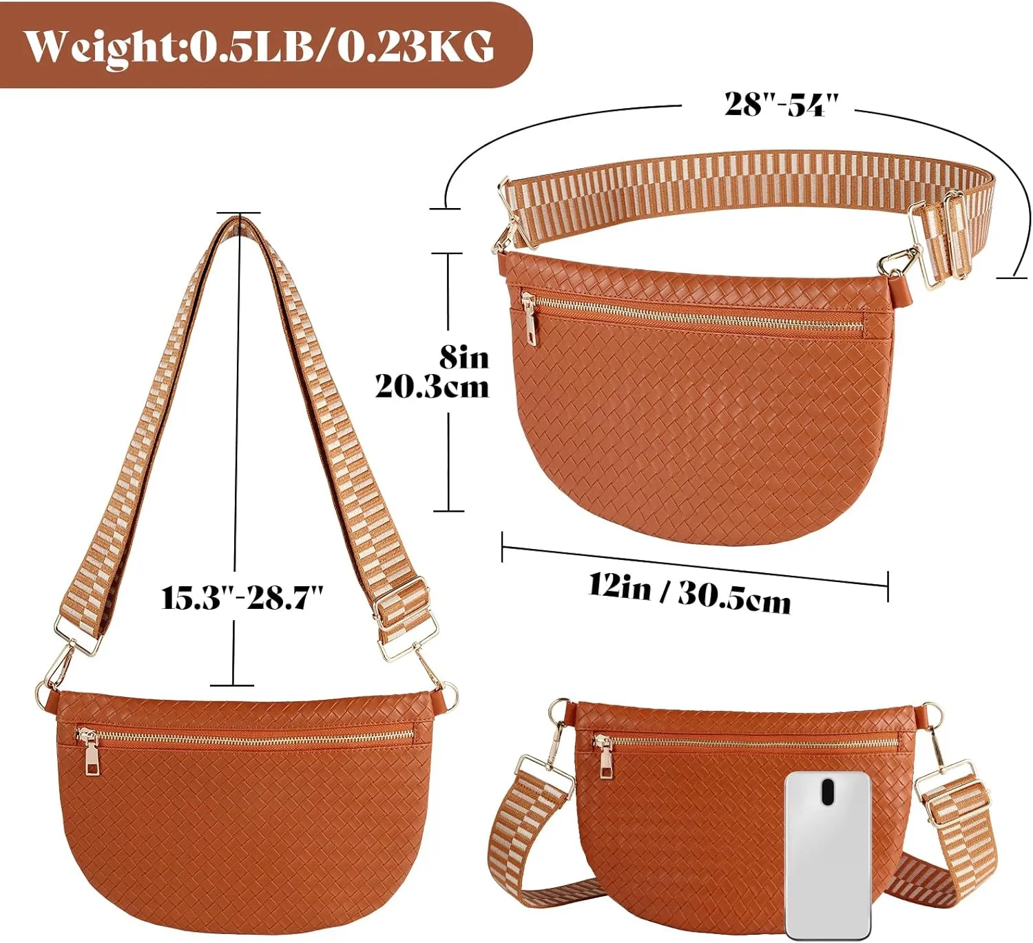 Woven Crossbody Bags for Women Leather Belt Bum Sling Purse Fanny Waist Pack Chest Shoulder Bag for Women-Brown