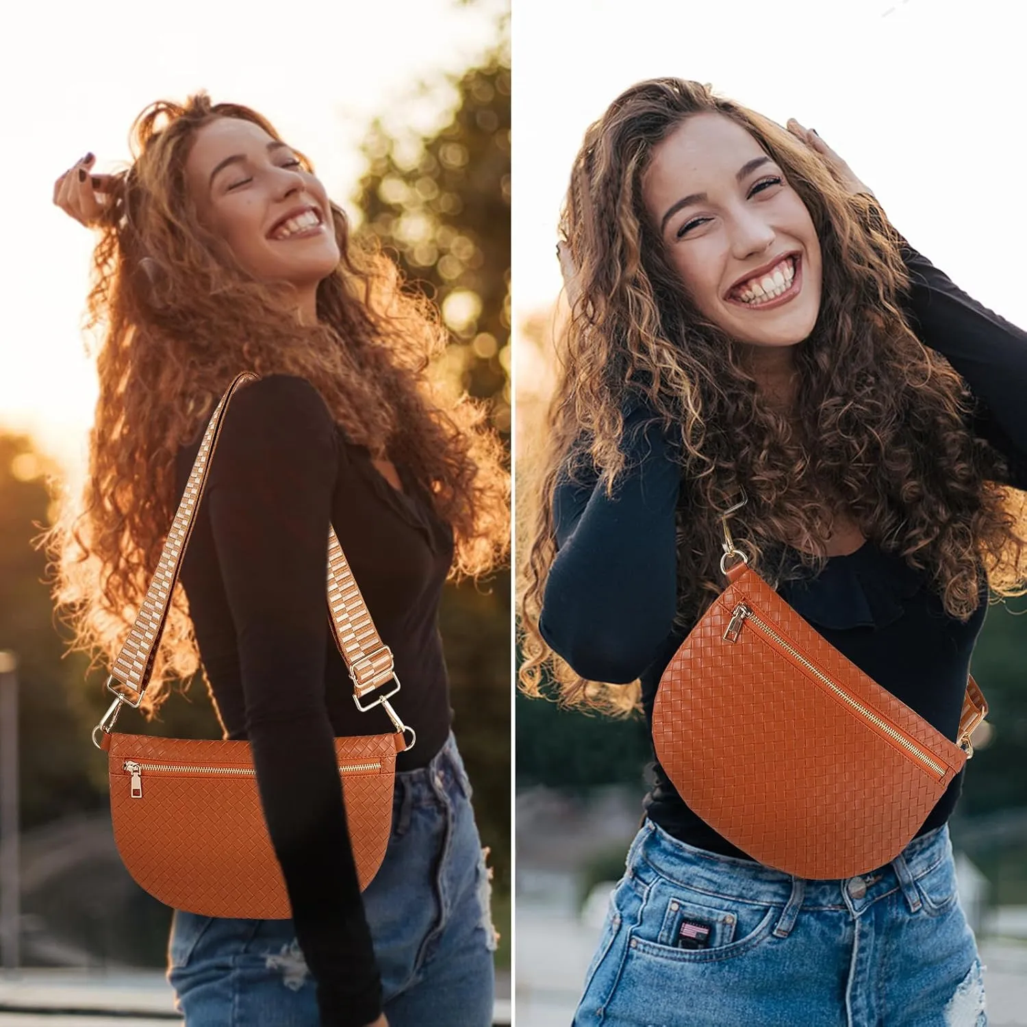 Woven Crossbody Bags for Women Leather Belt Bum Sling Purse Fanny Waist Pack Chest Shoulder Bag for Women-Brown