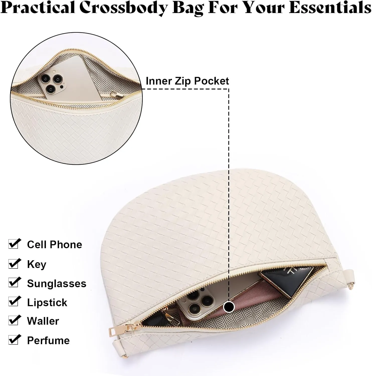 Woven Crossbody Bags for Women Leather Belt Bum Sling Purse Fanny Waist Pack Chest Shoulder Bag for Women-Cream