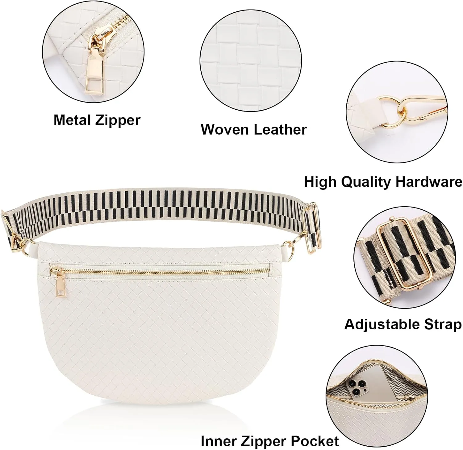 Woven Crossbody Bags for Women Leather Belt Bum Sling Purse Fanny Waist Pack Chest Shoulder Bag for Women-Cream