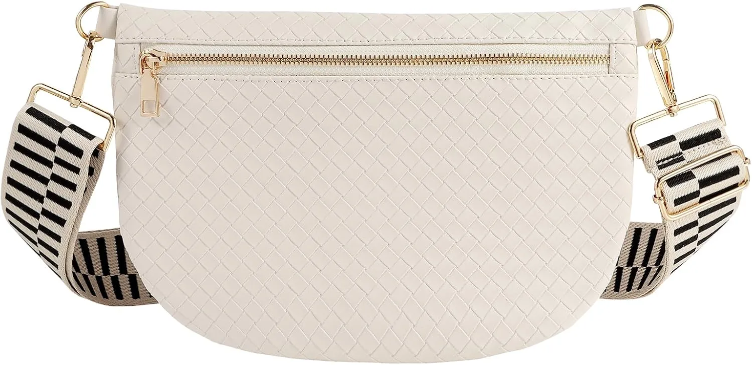 Woven Crossbody Bags for Women Leather Belt Bum Sling Purse Fanny Waist Pack Chest Shoulder Bag for Women-Cream