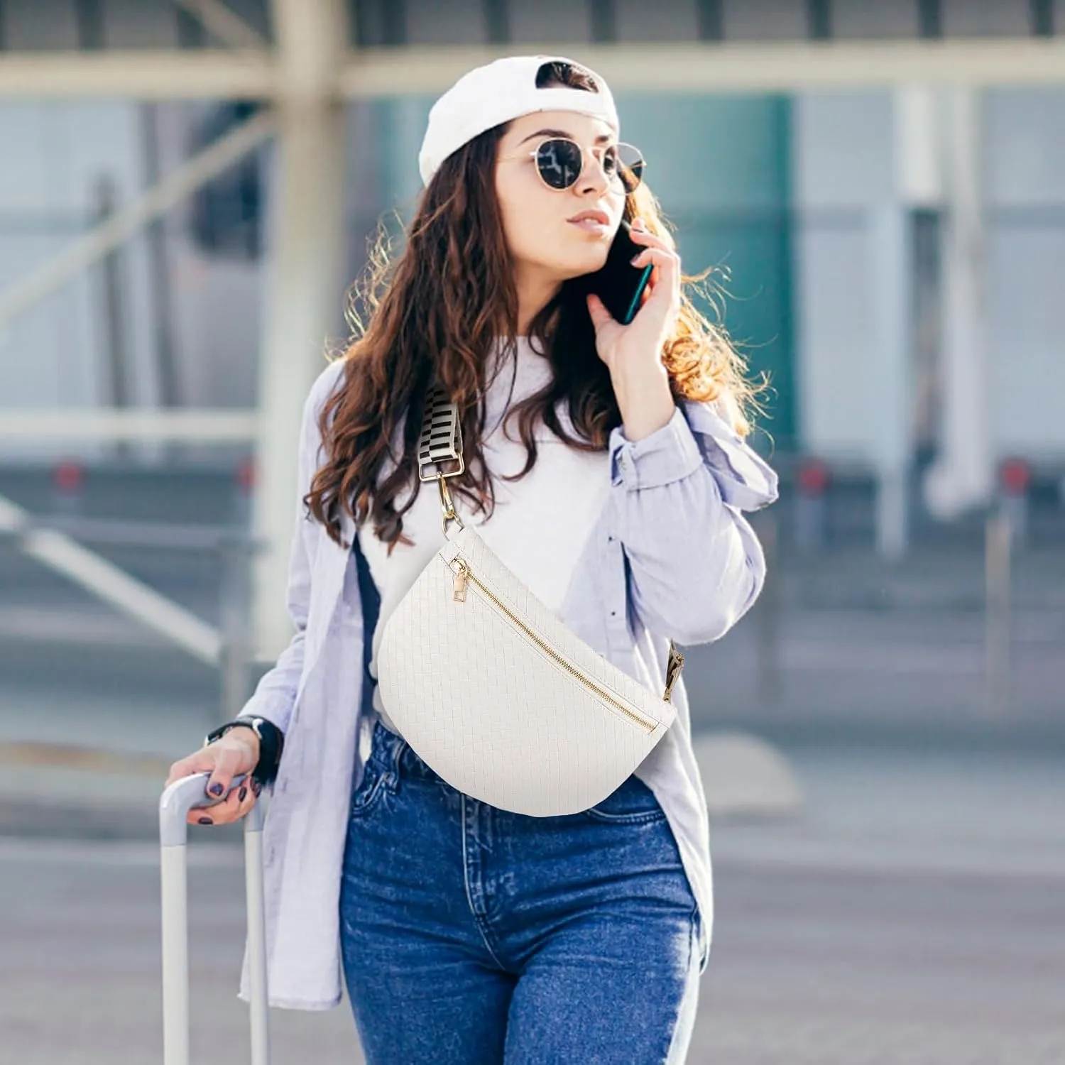 Woven Crossbody Bags for Women Leather Belt Bum Sling Purse Fanny Waist Pack Chest Shoulder Bag for Women-Cream