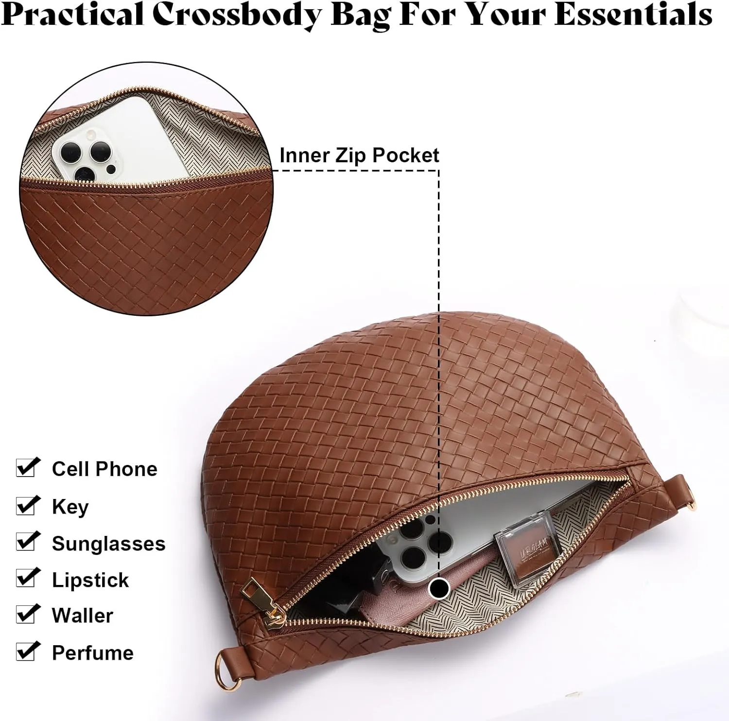 Woven Crossbody Bags for Women Leather Belt Bum Sling Purse Fanny Waist Pack Chest Shoulder Bag for Women-Dark Brown