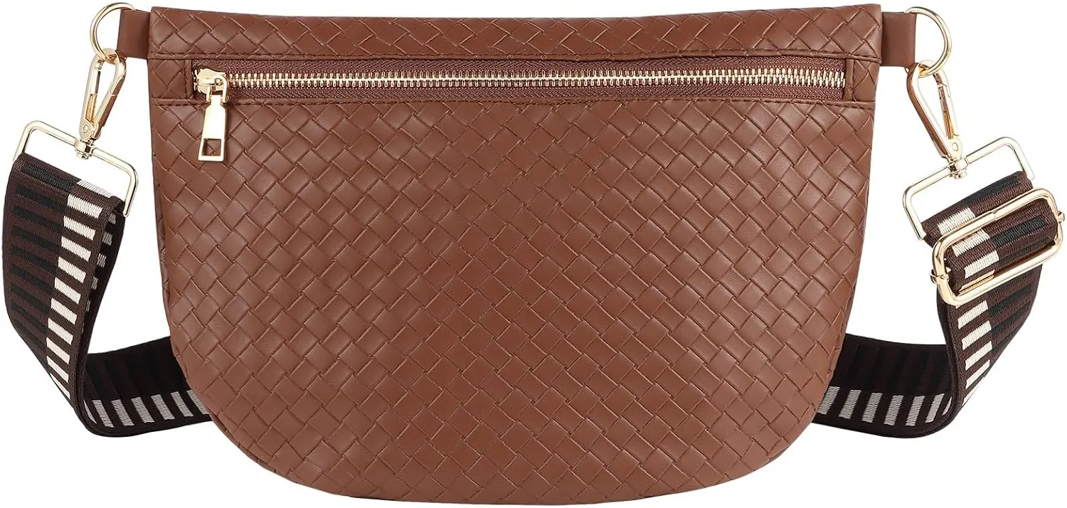 Woven Crossbody Bags for Women Leather Belt Bum Sling Purse Fanny Waist Pack Chest Shoulder Bag for Women-Dark Brown