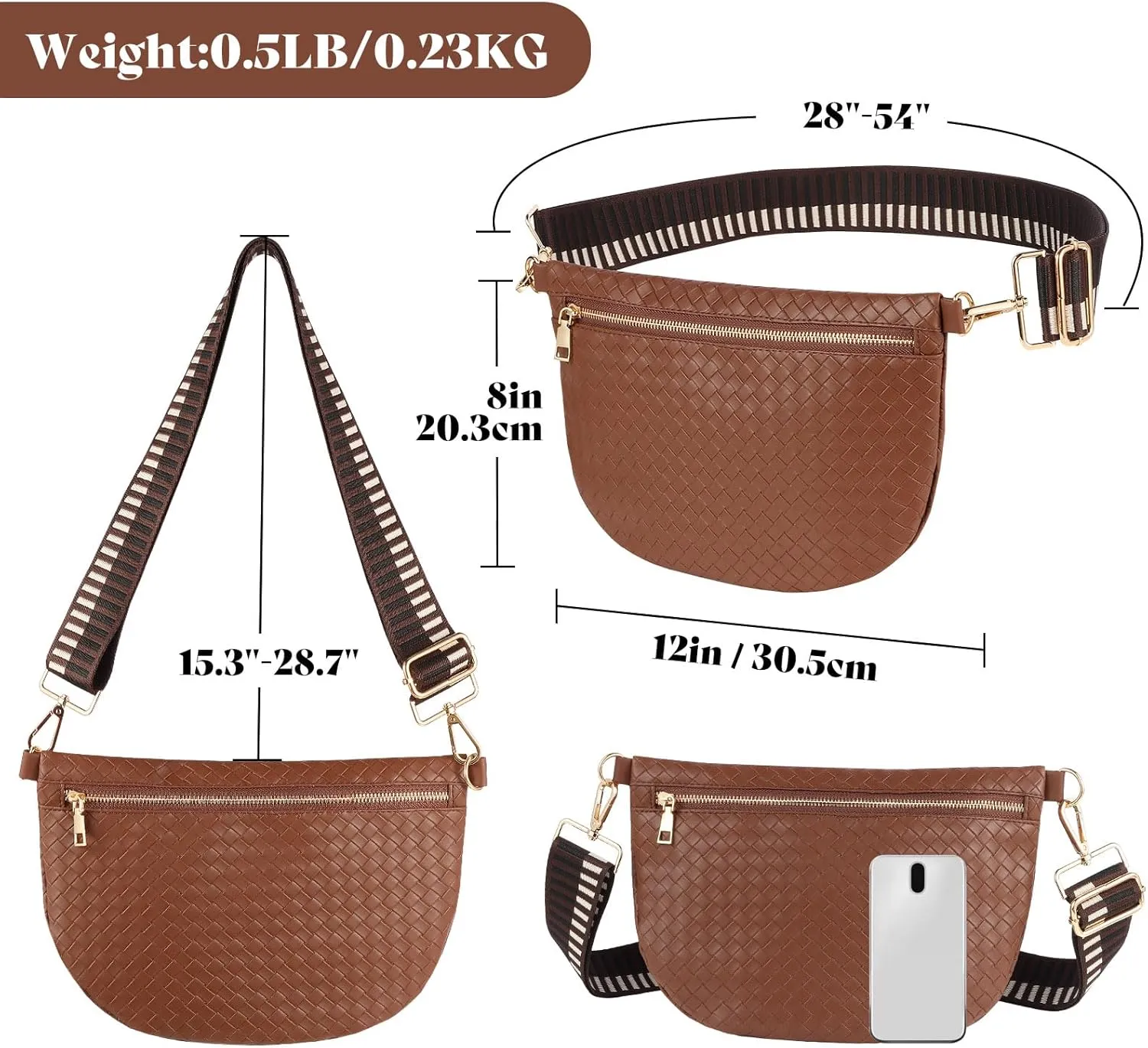 Woven Crossbody Bags for Women Leather Belt Bum Sling Purse Fanny Waist Pack Chest Shoulder Bag for Women-Dark Brown
