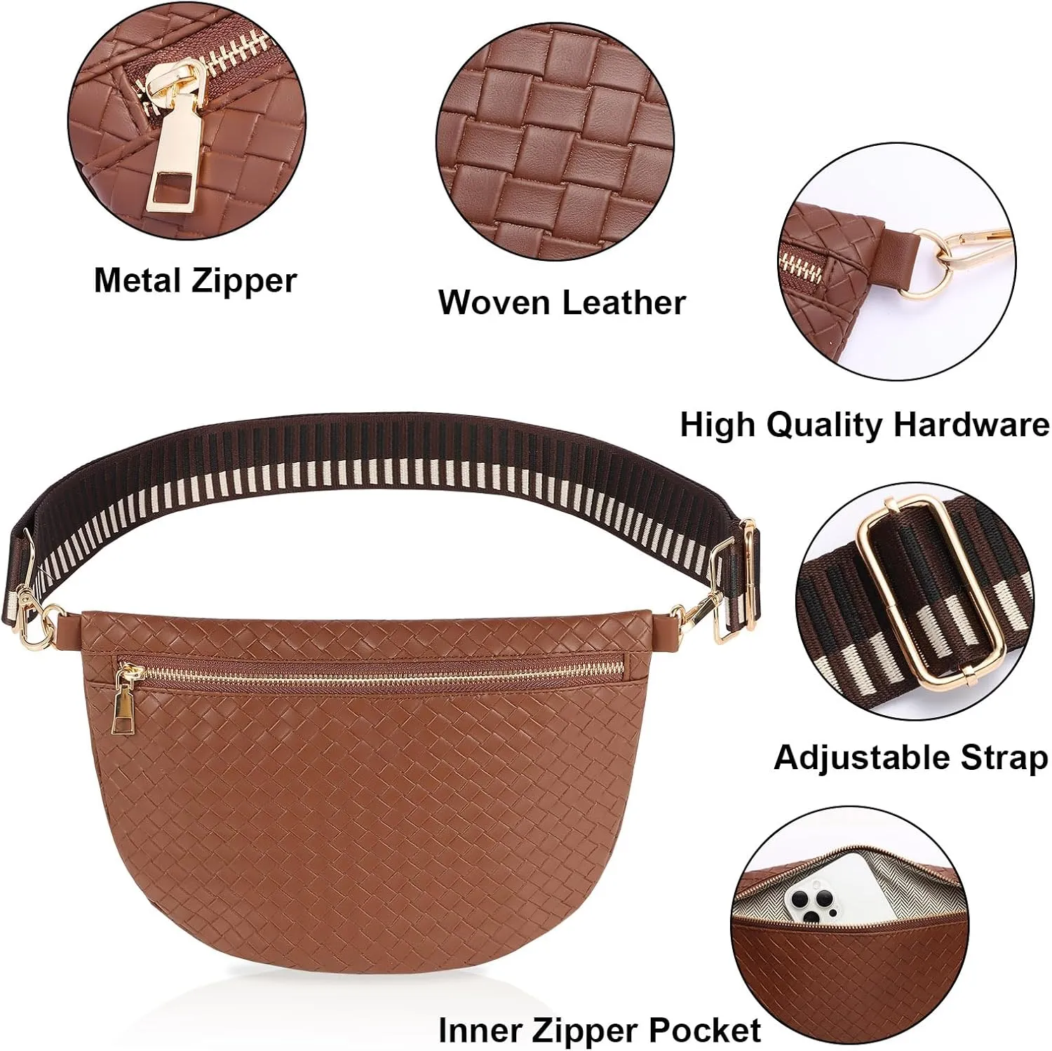 Woven Crossbody Bags for Women Leather Belt Bum Sling Purse Fanny Waist Pack Chest Shoulder Bag for Women-Dark Brown