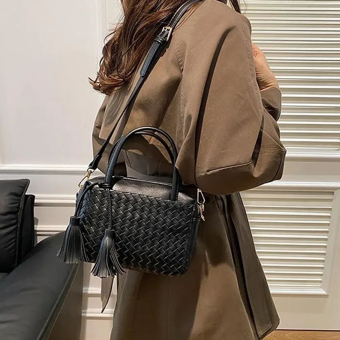 Woven Crossbody Bags for Women Leather Tote Bag Purse Top Handle Handbag Quilted Braided Hobo Purses with Tassel (Black)