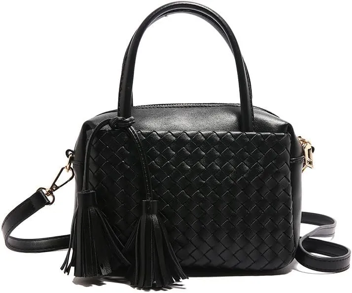 Woven Crossbody Bags for Women Leather Tote Bag Purse Top Handle Handbag Quilted Braided Hobo Purses with Tassel (Black)