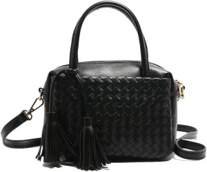 Woven Crossbody Bags for Women Leather Tote Bag Purse Top Handle Handbag Quilted Braided Hobo Purses with Tassel (Black)