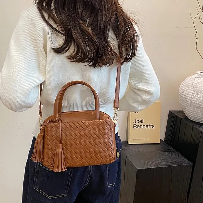 Woven Crossbody Bags for Women Leather Tote Bag Purse Top Handle Handbag Quilted Braided Hobo Purses with Tassel (Brown)