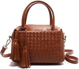 Woven Crossbody Bags for Women Leather Tote Bag Purse Top Handle Handbag Quilted Braided Hobo Purses with Tassel (Brown)