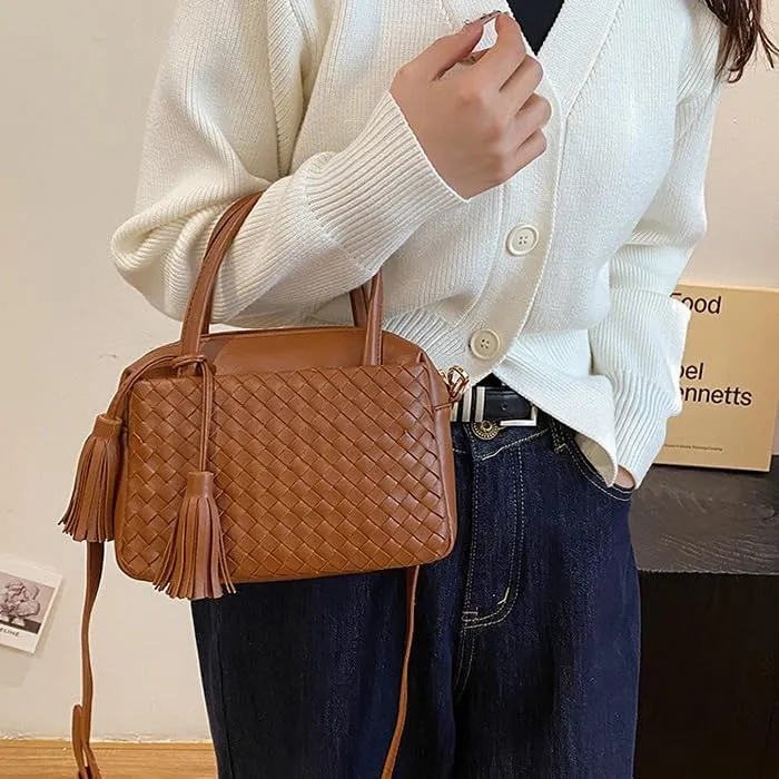 Woven Crossbody Bags for Women Leather Tote Bag Purse Top Handle Handbag Quilted Braided Hobo Purses with Tassel (Brown)