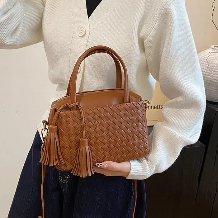 Woven Crossbody Bags for Women Leather Tote Bag Purse Top Handle Handbag Quilted Braided Hobo Purses with Tassel (Brown)