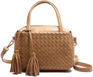 Woven Crossbody Bags for Women Leather Tote Bag Purse Top Handle Handbag Quilted Braided Hobo Purses with Tassel (Khaki)