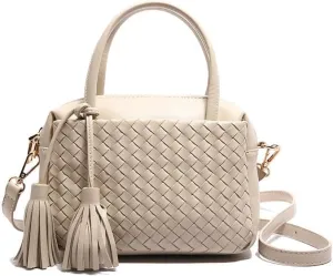 Woven Crossbody Bags for Women Leather Tote Bag Purse Top Handle Handbag Quilted Braided Hobo Purses with Tassel (White)
